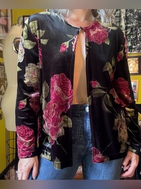 Vintage 90s Velvet Floral Glitter Burnout Cardigan Top Jacket Small Medium